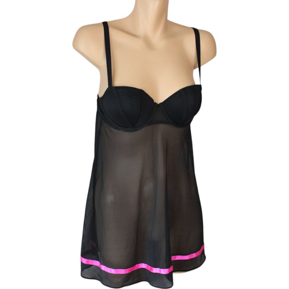 La Senza Negligee Medium Black Hot Pink Sheer Adjustable Straps N128